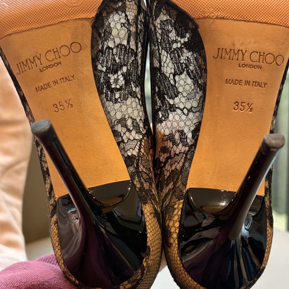 Jimmy Choo Luna Black Lace Peep-Toe Pumps with Patent Trim - Picture 4 of 5